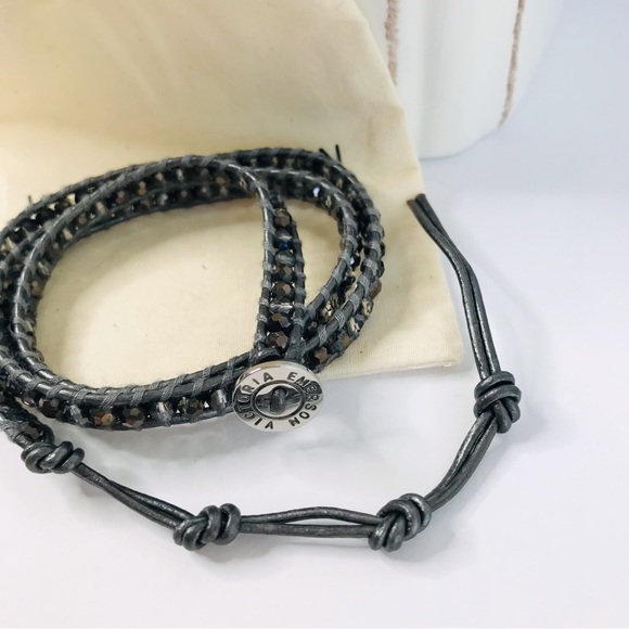 VICTORIA EMERSON Gray AB Crystal Leather Wrap Bracelet 3 Wrap - Picture 6 of 6